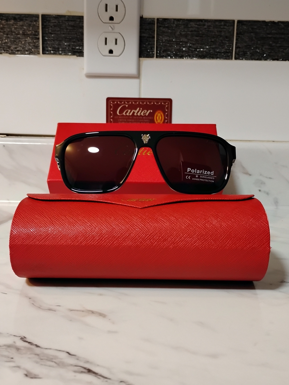 Cartier Black Frame Sunglasses with Brown Lenses and Red Case